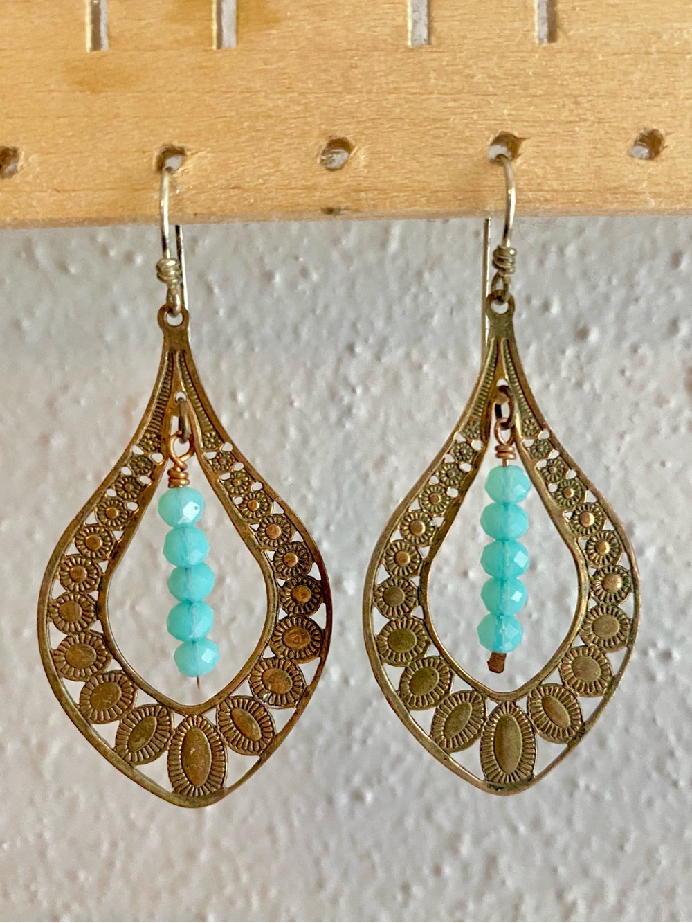 Copper boho geometric teal faceted beaded dangle earrings